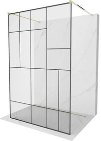 Mexen Kioto, priechodná sprchová zástena 140 x 200 cm, 8mm sklo číre/čierny vzor, 2x zlatá stabilizačná rozpera, 800-140-002-50-78