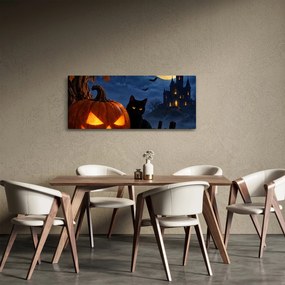 Obraz - Čierna mačka pri svietiacej tekvici na Halloween (120x50 cm)