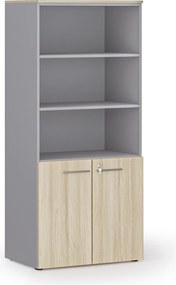 Kombinovaná kancelárska skriňa PRIMO GRAY, nízke dvere, 800 x 500 x 1781 mm, sivá/dub prírodný