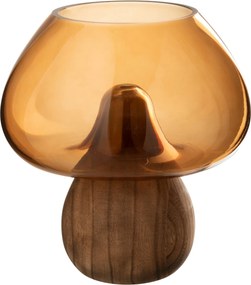 Karamelová sklenená váza na drevenom podstavci huba Mushroom – 22*22*23,5 cm