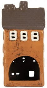 Hnedo-oranžový keramický svietnik na čajovú sviečku domček Village - 12*10*23 cm