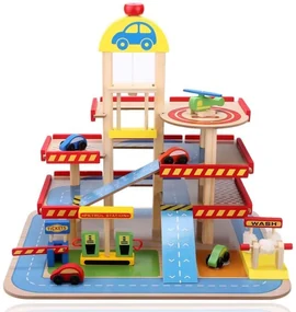 Drevená garáž, veľké parkovisko s výťahom + autíčka, Ecotoys