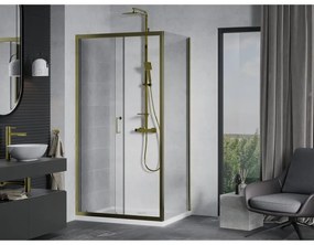 Mexen Apia, sprchový kút s posuvnými dverami 90 (dvere) x 100 (stena) cm, 6mm číre sklo, zlatý profil + biela sprchová vanička SLIM, 840-090-100-50-00-4010G