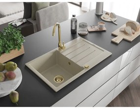 Mexen Bruno, 1-komorový granitový drez s odkvapkávačom 795x495x200 mm a zlatá kuchynská batéria Telma, béžová, 6513-69-670200-50