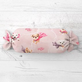 Biante Detský vankúš valec bonbon Sandra SA-650 Psí superhrdinovia na staroružovom 15x80 cm