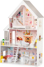 Drevený domček pre bábiky ECOTOYS – Púdrová rezidencia XXL, 3-poschodový, 15 ks nábytku
