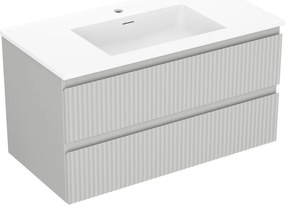 Mexen Rivel, kúpeľňová skrinka 90 cm s umývadlom Otis, 2 zásuvky, drážkovaná, sivá matná/biela, 91A20-09047-2-BFF62-W18M01