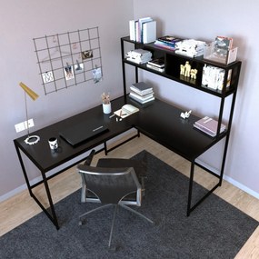 Rohový písací stôl s nástennou policou Kucuk čierny