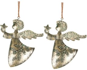 Závesná vianočná dekorácia Anjel 2 ks, kov, zlatá, 16 x 1 x 13 cm