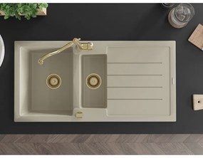 Mexen Andres, granitový drez 1000x500x200 mm, 1,5-komorový a drezová batéria Carla, béžová, 6515-69-670700-50