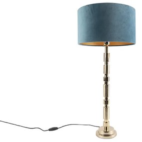 Art Deco stolná lampa zlatý zamat odtieň modrá 35 cm - Torre
