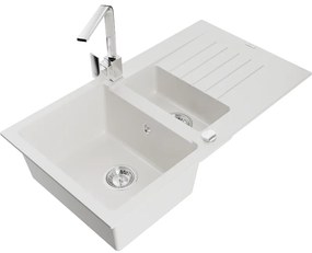 Mexen Matias, granitový drez 900x505x200 mm, 1,5-komorový a chrómová batéria Rita, biela, 6502-20-670300-00