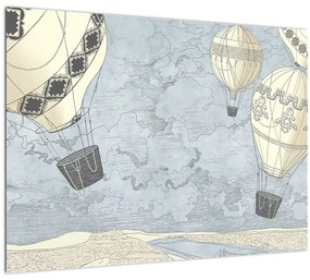 Sklenený obraz - Balóny nad mestom, chladné tóny (70x50 cm)