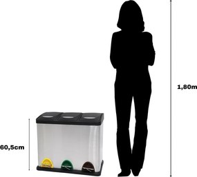 Oceľový odpadkový kôš 3x20 l na triedený odpad/nášľapný v matne striebornej farbe Tri Selectif – MSV