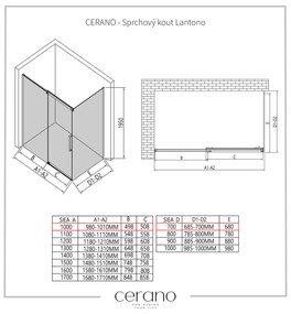 CERANO - Sprchovací kút Lantono L/P - 8 mm - čierna matná, grafitové sklo - 100x70 cm - posuvný, CER-CER-8050BD7511