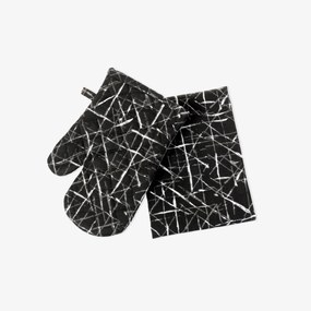 Kuchynská bavlnená chňapka+utierka - dizajnové čiary na čiernom