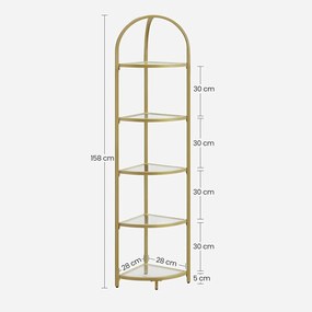 Sklenená rohová polica, 5-úrovňový regál, zlatá farba