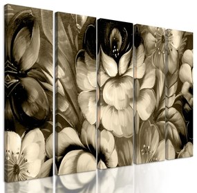 5-dielny obraz abstraktná maľba kvetín v sépiovom prevedení