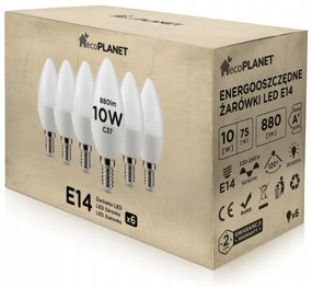 6x LED žiarovka - ecoPLANET - E14 - 10W - sviečka - 880Lm - teplá biela