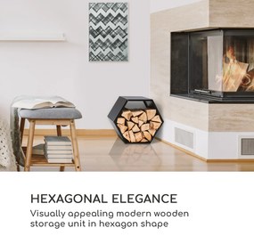 Blumfeldt Hexawood Black, stojan na drevo, šesťuholníkový tvar, 50,2 × 58 × 32 cm