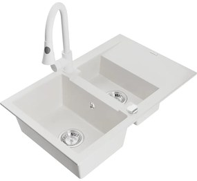 Mexen Gaspar, 1,5-komorový granitový drez 737x475x177 mm a drezová batéria Elia, biela, 6507-20-670101-20