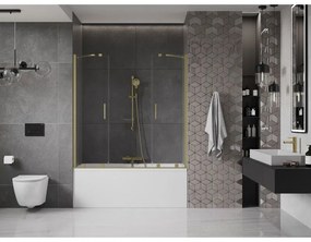 Mexen Velar Duo, 2-krídlová posuvná vaňová zástena 160 x 150 cm, 8mm číre sklo, zlatý matný profil, 896-160-000-02-55