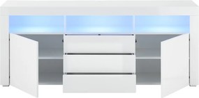 Široká TV skrinka Leeds, biela lesk, s osvetlením