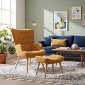 Kreslo ušiak CORDU + taburet — masív, manšestr, prírodná / medová