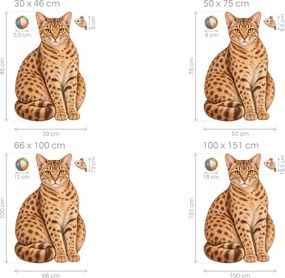 Mačka ocicat s loptičkou a myškou škvrnité mačacie nálepky na stenu do obývačky arch 30 x 46 cm