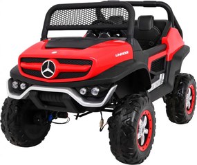 Ramiz Mercedes Benz Unimog elektrické autíčko pre deti červené + pohon 4x4 + diaľkové ovládanie + nosič batožiny + pomalý štart + MP3 + LED