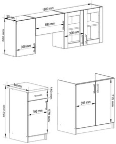 Kuchynská linka LIMA s vitrínou 1.8 m biela / dub sonoma
