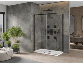 Mexen Omega, sprchovací kút s posuvnými dverami 130 (dvere) x 70 (stena) cm, 8mm číre sklo, čierny profil + slim sprchová vanička biela s čiernym sifónom, 825-130-070-70-00-4010B