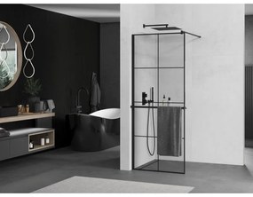 Mexen Kioto+, sprchová zástena s poličkou a držiakom na uteráky 90 x 200 cm, 8mm sklo číre sklo vzor čierny, čierny profil, 800-090-121-70-77