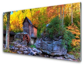 Sklenený obklad Do kuchyne Vodné mlyn jesenné les 125x50 cm