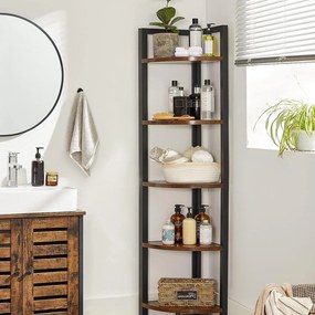 Rohová knižnica, regál 5-úrovňový, rustikálny hnedý