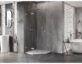 Mexen Lunar, päťuholníkový sprchový kút naklápací doľava 90 x 90 cm, 8mm číre sklo, oceľový profil, 831-090L-090P-97-00-L