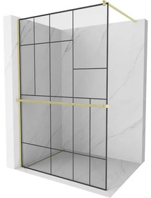 Mexen Kioto+, sprchová zástena Walk-In s poličkou a vešiakom 90 x 200 cm, 8mm číre sklo čierny vzor, zlatý matný profil, 800-090-121-55-78