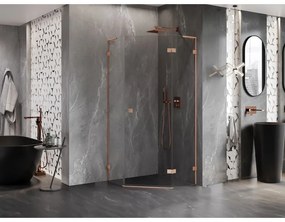 Mexen Lunar, L pravý výklopný päťuholníkový sprchový kút 100x100 cm, 8mm číre sklo, profil medená matná, 831L-100P-100L-65-00-P