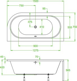 BPS-koupelny Akrylátová asymetrická vaňa na vstavanie HYD-EBI150L-VEST 150x75 cm ĽAVÁ, biela