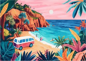 Sklenený obraz - Karavan pri oceáne (70x50 cm)