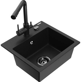 Mexen Milo, granitový drez 435x410x171 mm, 1-komorový a čierna batéria Duero, čierna, 6505-77-671600-70-B