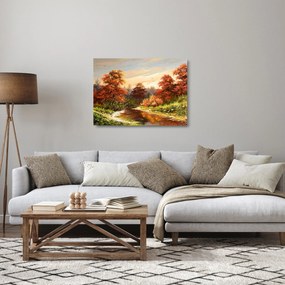 Sklenený obraz rieky v jesennej krajine, olejomaľba (70x50 cm)