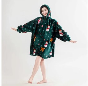 Baránková mikinová deka s rukávmi a kapucňou SNOWMAN AND GINGERBREAD, zelená