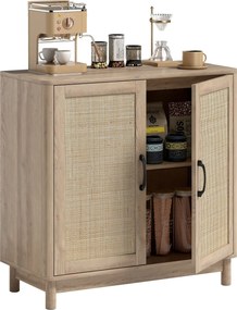 HOMCOM boho komoda s ratanovými dvierkami, nastaviteľná polica a zaoblené hrany — dubový dekor, 76 x 35 x 75,5 cm | Aosom
