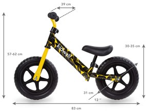 Detský balančný bicykel Kidwell REBEL 12", žlto-čierny, ľahký 2,64 kg