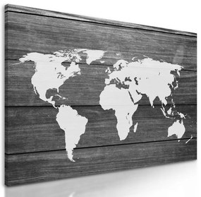 Obraz moderná mapa sveta na drevenom podklade v čiernobielom prevedení