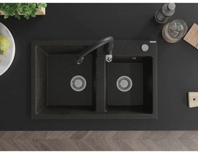 Mexen Tomas, granitový drez 800x500x190 mm, 2-komorový a drezová batéria Savita, čierna-zlatá metalíza, 6516-75-672601-70