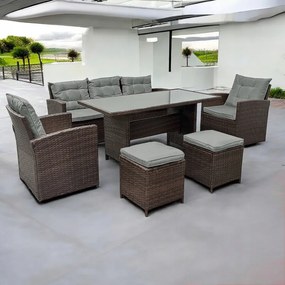 Ratanová súprava so stolíkom, pohovkou a 2 kreslami - hnedá + sivé vankúše