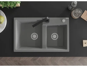 Mexen Tomas, granitový drez 800x500x190 mm, 2-komorový a čierna batéria Rita, šedá, 6516-71-670300-70