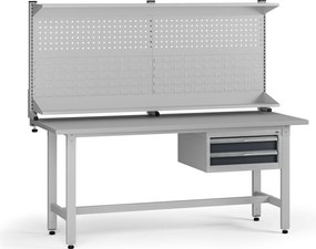 Výškovo nastaviteľný dielenský stôl G5 s nadstavbou, 1800 x 750 x 800-1000 mm, 1x kontajner, 2 zásuvky, grafit